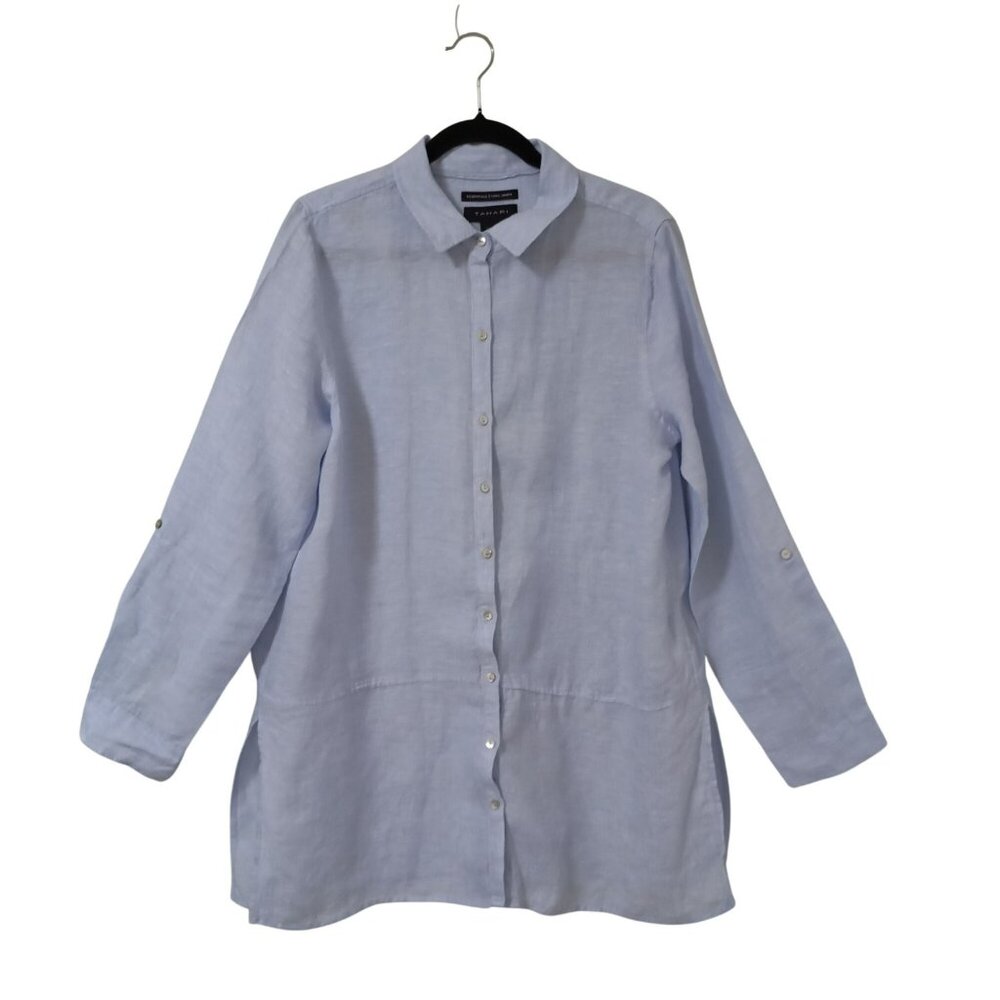 Tahari Shirt Tunic 100% Linen Womens Light Blue Collared Side Slits Size L